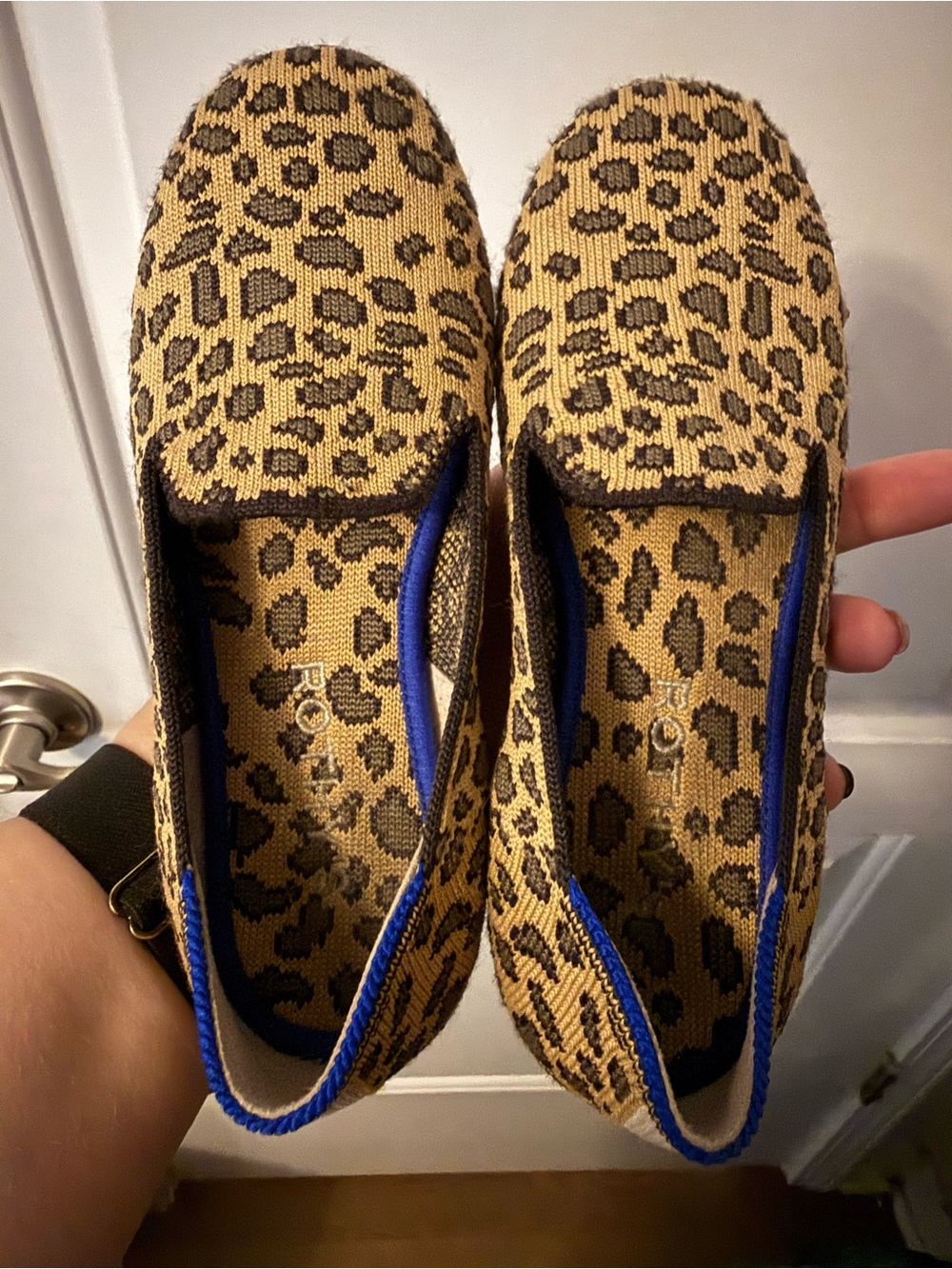 Rothy's Leopard Print Slip-On Flats in Tan and Black with Blue Trim